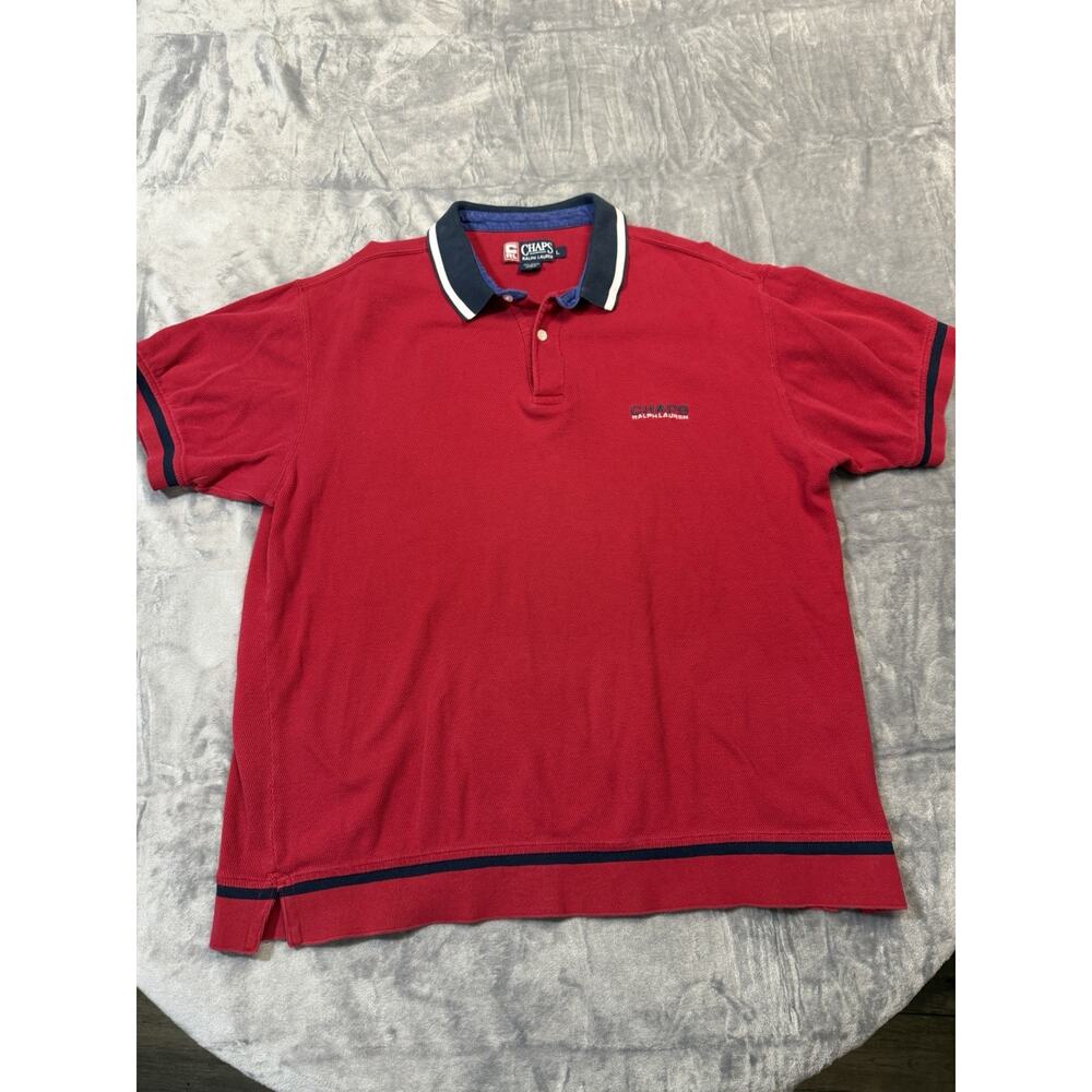 Vintage Chaps Ralph Lauren Men’s Polo Red W/blue Collar 100% Cotton Size L